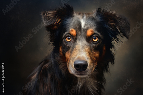 Dog with black and brown face and black background.