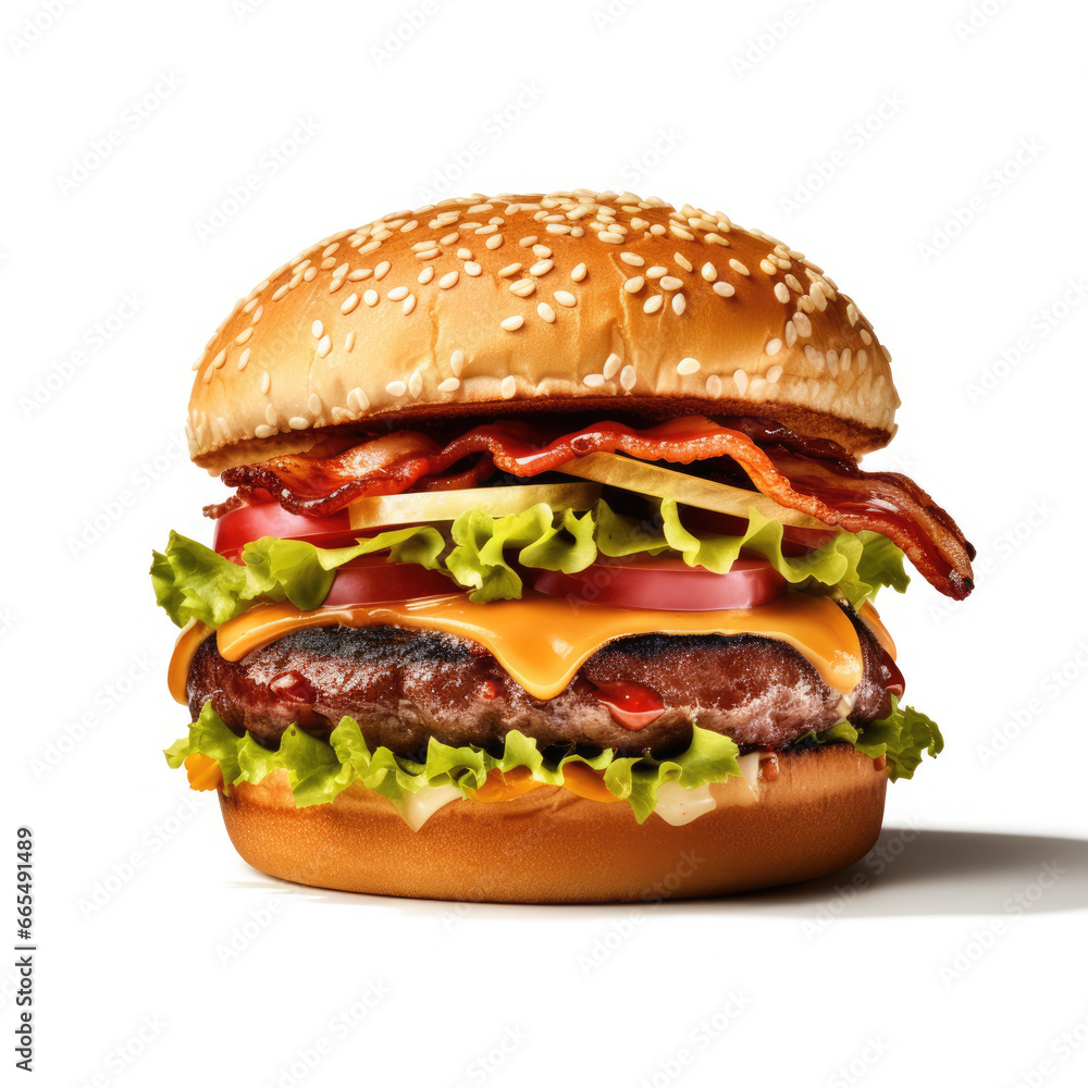Photo studio of a bacon burger isolated on a white background Photo studio of a bacon burger isolated on a white background