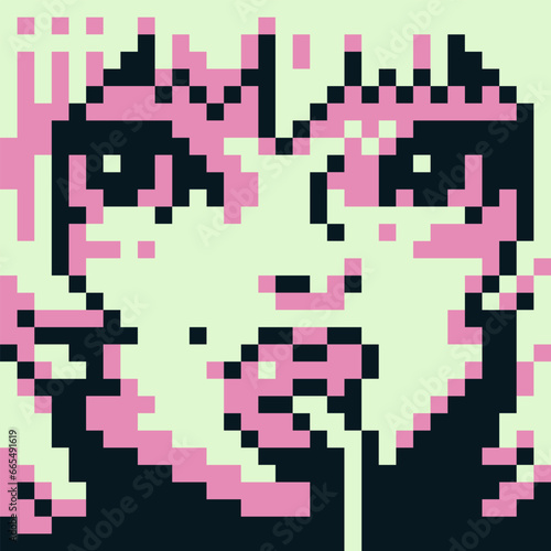 Beautiful woman pixel art style character fashion young girl drinks from straw close-up, blonde, avatar, portrait and profile picture. Design of 80s. Game assets. 8-bit. Isolated vector illustration. 