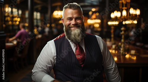 A plus-size man with a rugged beard and formal attire