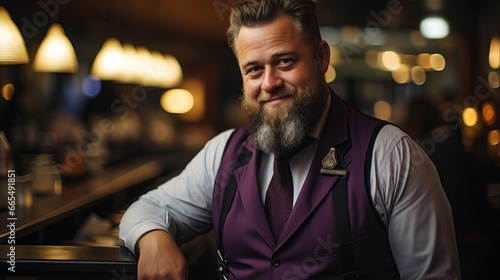 A plus-size stylish man with a distinguished beard and a vibrant purple vest