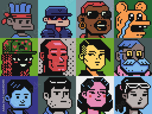 People man and woman character set pixel art flat style, girl, guy, avatar, portrait, profile picture. Design of 80s. Game assets. 8-bit. Isolated vector illustration background.