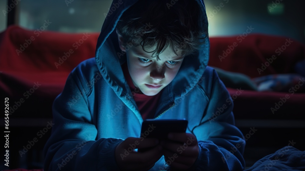 Small boy watching tablet or mobile phone at bed, blanket over his head. Bedtime harmful blue light screentime concept Small boy watching tablet or mobile phone at bed, blanket over his head. Bedtime harmful blue light screentime concept