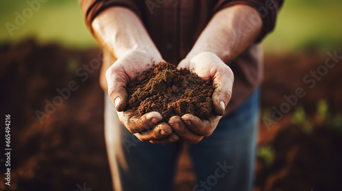 Male hands touching soil on the field. Expert hand of farmer checking soil health before growth a seed of vegetable or plant seedling. Generative Ai. 