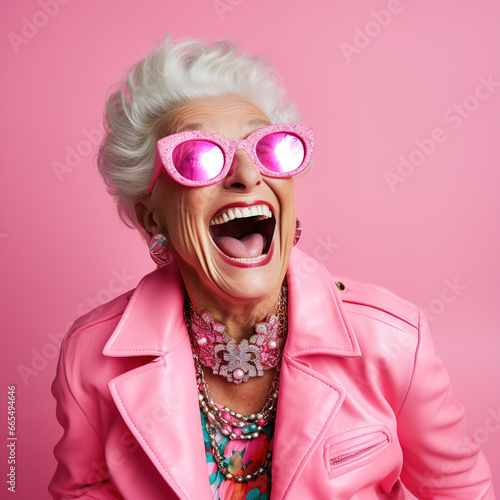 Happy senior woman in pink outfit, funny sunglasses and extravagant style. Generative Ai. 