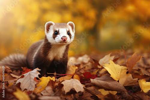 Cute ferret play outside in autumn park Copy space