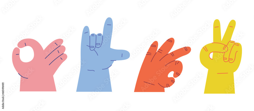 Cartoon hands abstract drawn comic. Set of Hand color different signs, gestures and symbols. Palm and fingers. Modern flat style. Vector illustration isolated on background - obrazy, fototapety, plakaty 