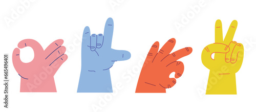 Cartoon hands abstract drawn comic. Set of Hand color different signs, gestures and symbols. Palm and fingers. Modern flat style. Vector illustration isolated on background