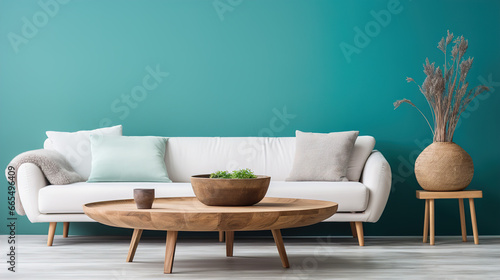 Big and comfortable living room with white sofa in luxury mansion. Generative Ai. © zorandim75