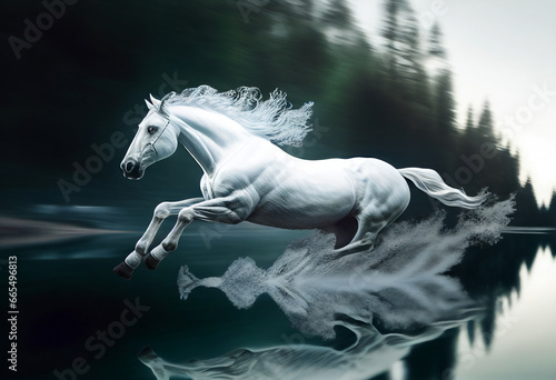 Watercolour abstract horse painting of a white equine animal running which could be used as a poster or flyer, computer Generative AI stock illustration image