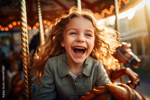 Happy young girl enjoy while playing on a colorful carousel, having fun at an amusement park. Children day. photo