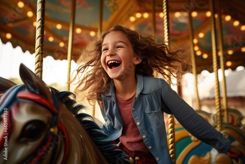 Happy young girl enjoy while playing on a colorful carousel, having fun at an amusement park. Children day.