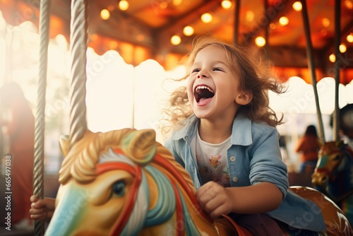 Happy young girl enjoy while playing on a colorful carousel, having fun at an amusement park. Children day. © Oulaphone