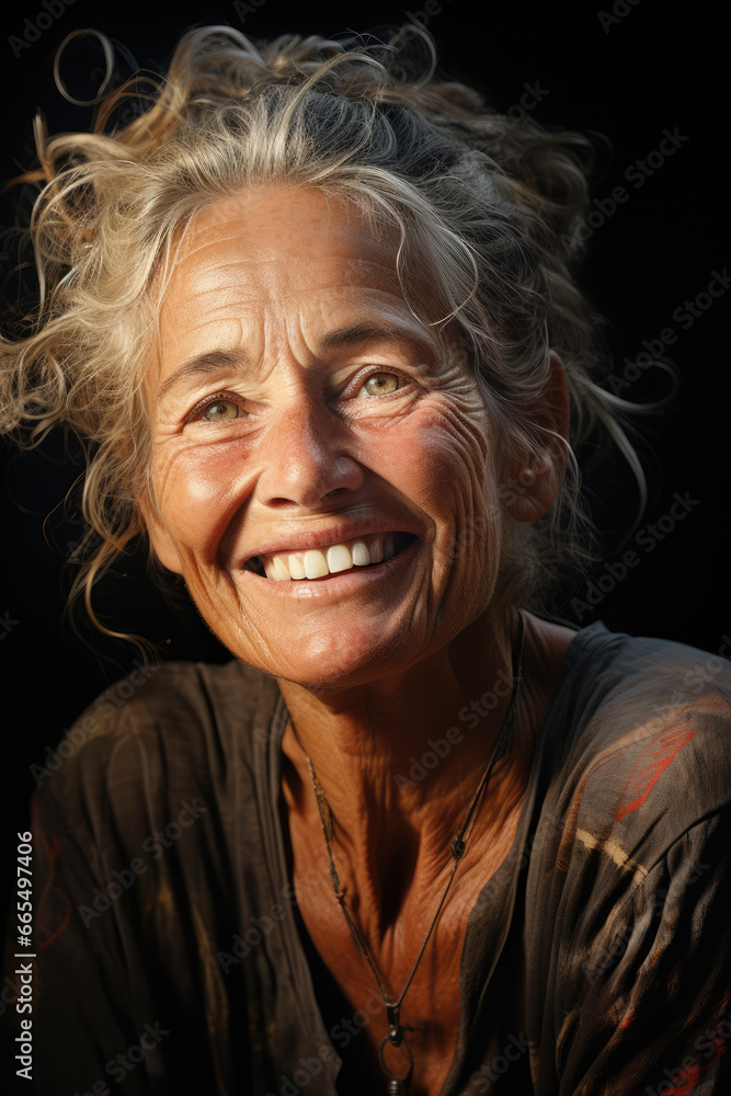 light and shadow play of a beautiful 70 year old woman
