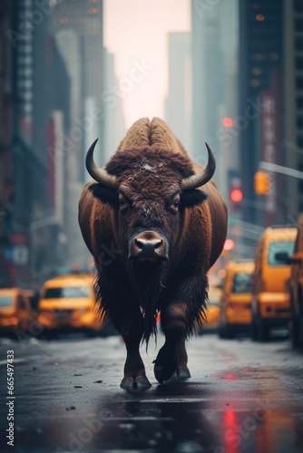 Bison on the street of New York City. AI generative art