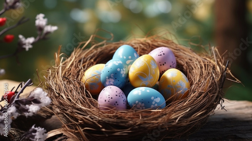 Multi-colored Easter eggs in a nest.
