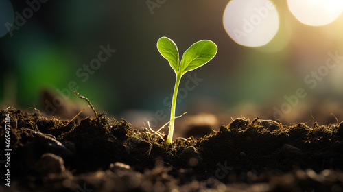 The seedling are growing from the rich soil to the morning sunlight that is shining, ecology concept. Generative Ai.
