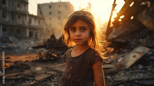 Portrait of a little girl against the backdrop of a bombed city