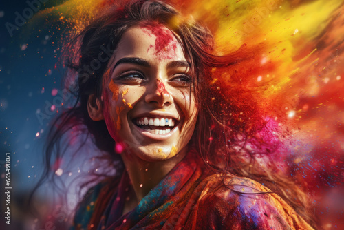 Happy young Indian woman celebrating Holi festival with splash of colors