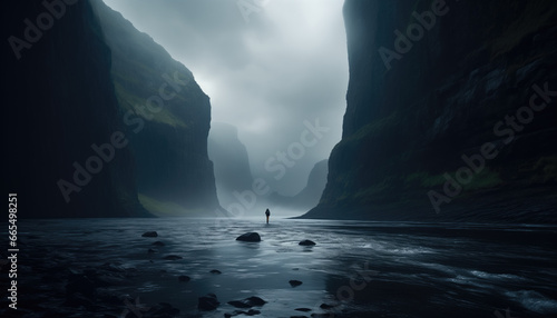 In the heart of a misty fjord, a solitary hiker stands, dwarfed by towering cliffs, offering a poignant reflection on humanity's smallness amidst the vastness of nature