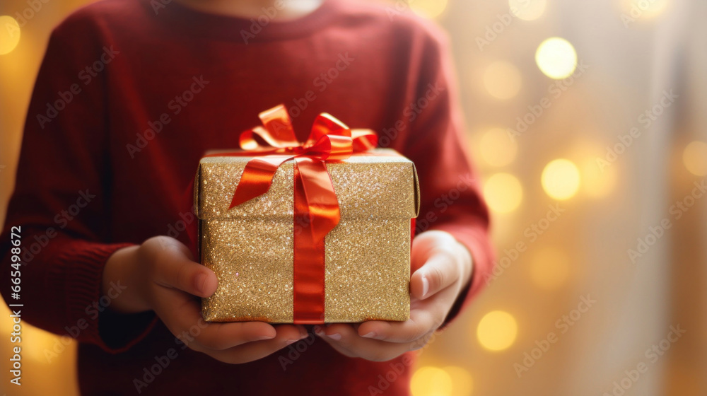 A gift in children's hands on a Christmas bokeh background A gift in children's hands on a Christmas bokeh background