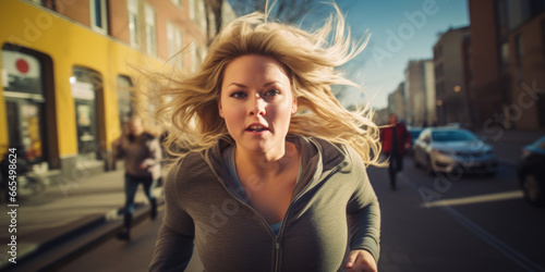 A young blonde woman running in the city