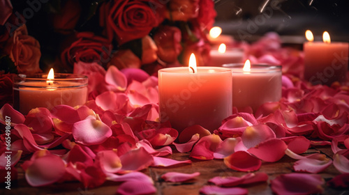 Candles and red rose petals