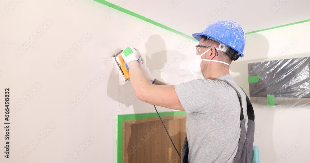 Skilled worker polishes plaster wall using electric hand sander. Master makes repairs in office Skilled worker polishes plaster wall using electric hand sander. Master makes repairs in office