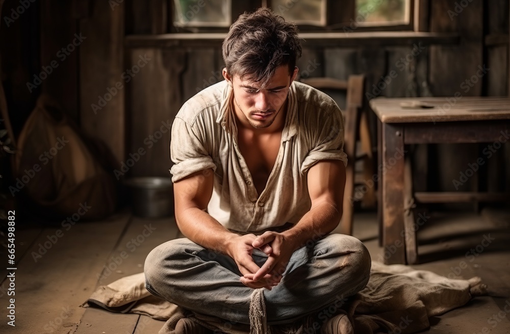 Young man sitting in pastoral setting, hands on knees, distressed materials