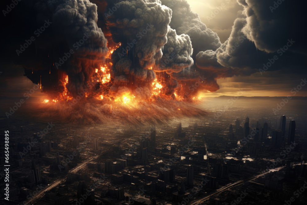 Big city under fire and explosions as war concept. AI generative art