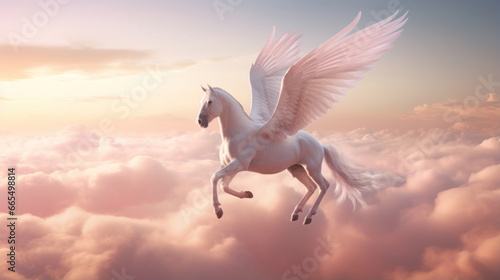 A pink pegasus with sore wings flies above the clouds in the sky © tashechka