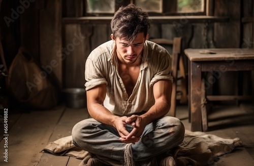 Young man sitting in pastoral setting, hands on knees, distressed materials © Victoria