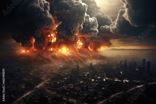 Big city under fire and explosions as war concept. AI generative art © Drpixel