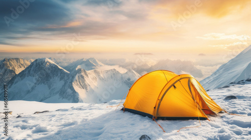 A yellow tent in the winter mountains