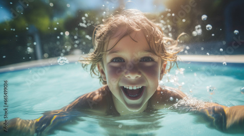 Close up little girl swimming in the pool and having fun. © tashechka
