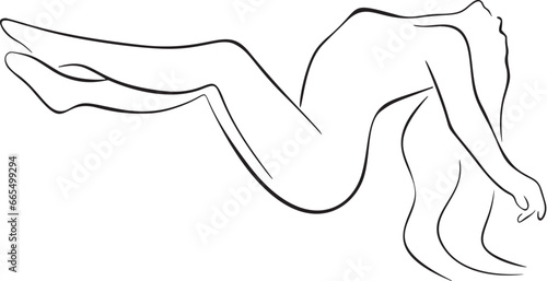 Hand drawn minimalistic black and white line drawing of a girl silhoutte. Line art