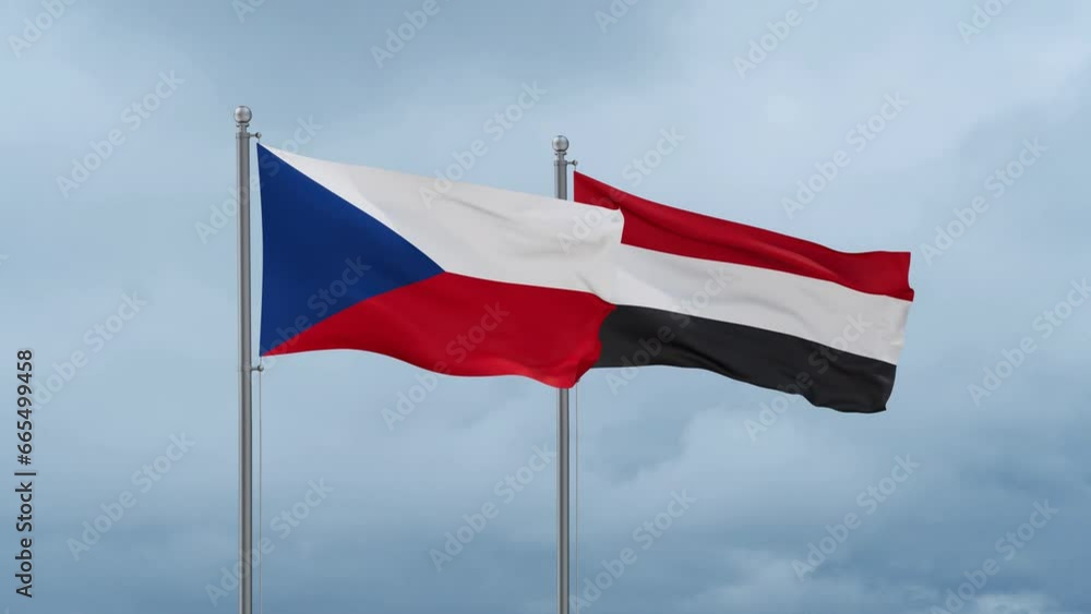 Yemen and Czech flag waving together on cloudy sky, endless seamless loop, two country cooperation concept Yemen and Czech flag waving together on cloudy sky, endless seamless loop, two country cooperation concept