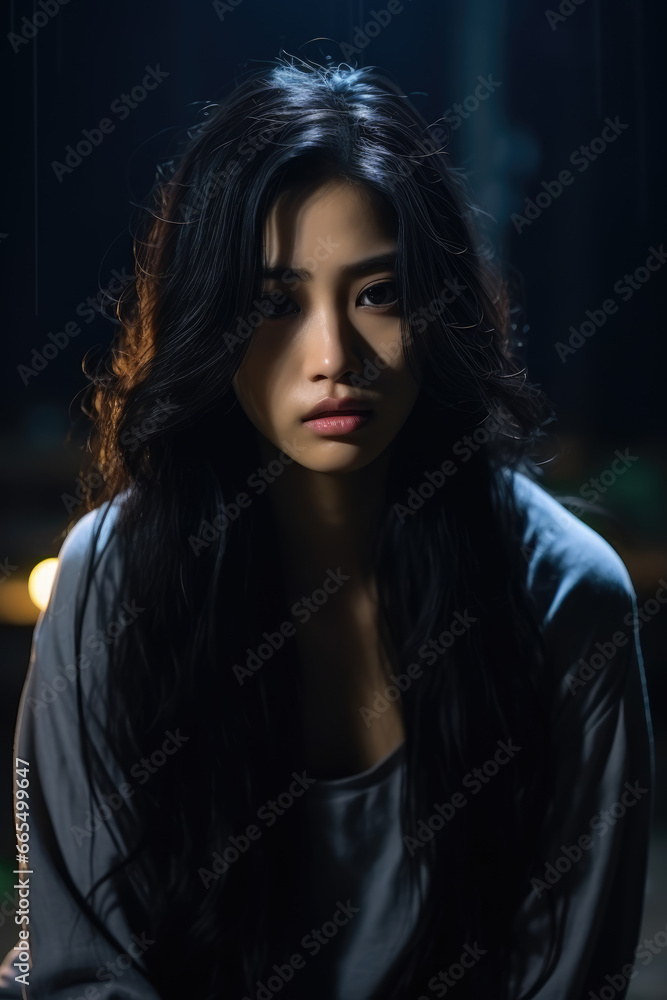 A depressed Asian young woman stood in the darkness with his head in his hands
A depressed Asian young woman stood in the darkness with his head in his hands