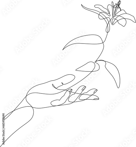 One line drawing of hand with growing flower. Single continuous line growing plant in hand palm. Vector illustration.