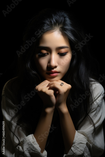 A depressed Asian young woman stood in the darkness with his head in his hands 