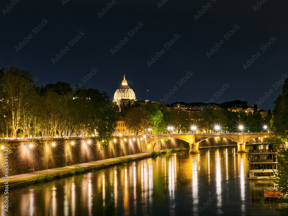 Idyllic tiber river night landscape reflections church dome, Rome, Italy