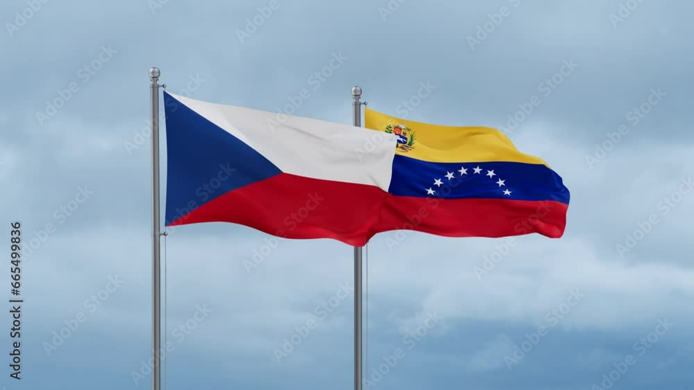 Venezuela and Czech flag waving together on cloudy sky, endless seamless loop Venezuela and Czech flag waving together on cloudy sky, endless seamless loop