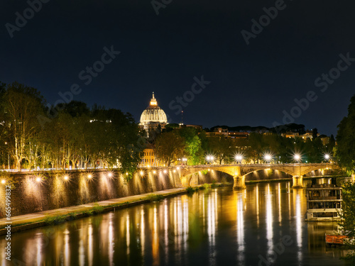Idyllic tiber river night landscape reflections church dome, Rome, Italy