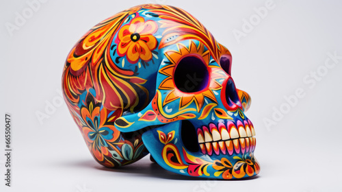 Beautiful and colorful Mexican skull isolated, made of ceramic, and painted by hand. Craft made in Mexico. White background. Traditional mexican skull for the Day of the Deads.