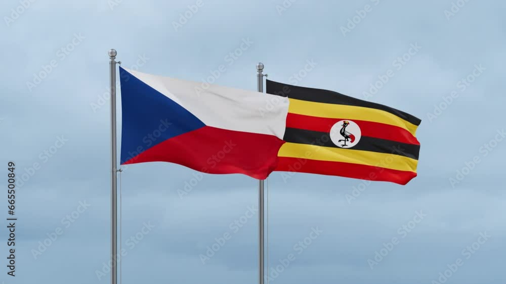 Republic of Uganda and Czech flag waving together on cloudy sky, endless seamless loop, two country cooperation concept Republic of Uganda and Czech flag waving together on cloudy sky, endless seamless loop, two country cooperation concept