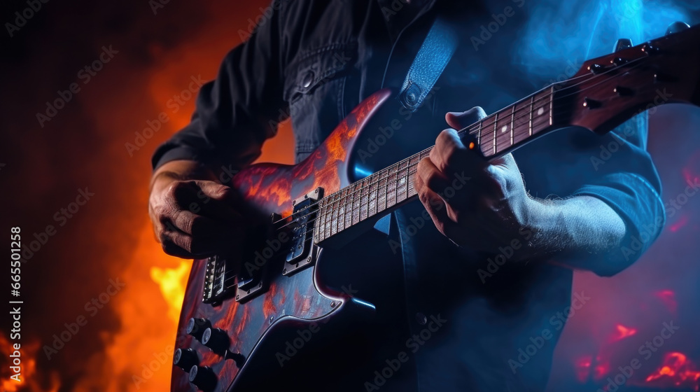 Obraz premium man playing guitar on a stage musical concert close-up view.