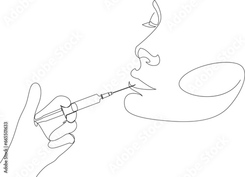 Continuous line drawing of beauty shot in lips. Gloved hand holding syringe for lip botox injection contour illustration. Beauty procedure concept.