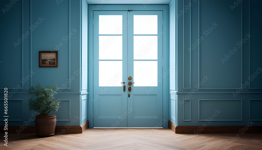 Fototapeta premium Bedroom with blue walls and double door