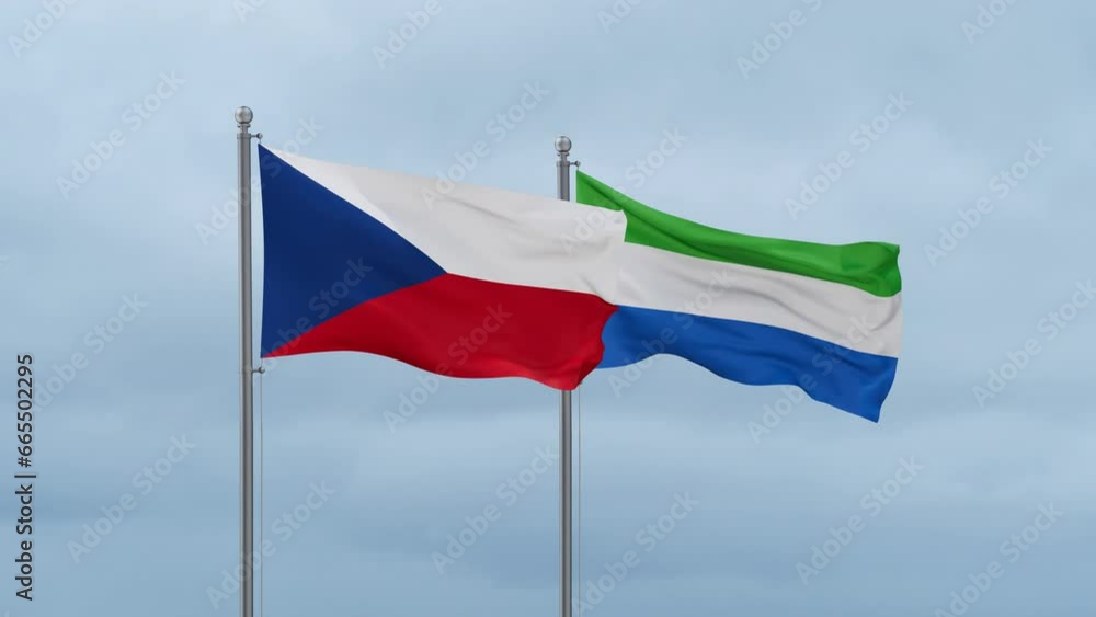 Sierra Leone or Salone and Czech flag waving together on cloudy sky, endless seamless loop, two country cooperation concept Sierra Leone or Salone and Czech flag waving together on cloudy sky, endless seamless loop, two country cooperation concept
