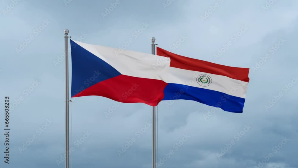 Paraguay flag and Czech flag waving together on cloudy sky, endless seamless loop, two country relations concept Paraguay flag and Czech flag waving together on cloudy sky, endless seamless loop, two country relations concept